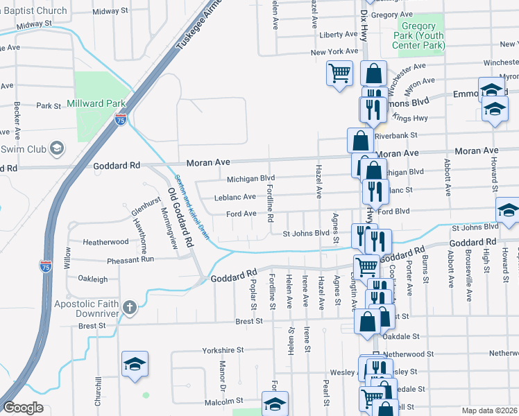 map of restaurants, bars, coffee shops, grocery stores, and more near 2193 Leblanc Street in Lincoln Park