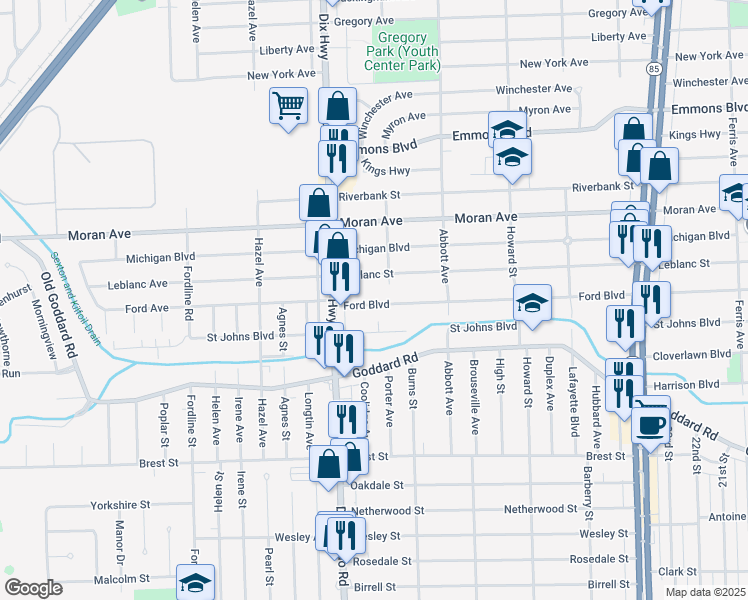 map of restaurants, bars, coffee shops, grocery stores, and more near 1836 Ford Boulevard in Lincoln Park