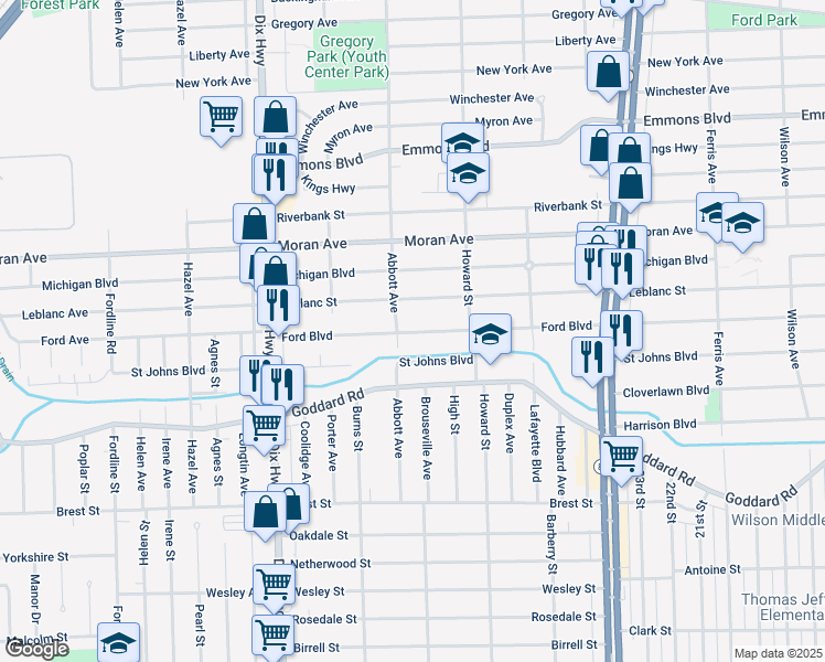 map of restaurants, bars, coffee shops, grocery stores, and more near 1674 Ford Blvd in Lincoln Park