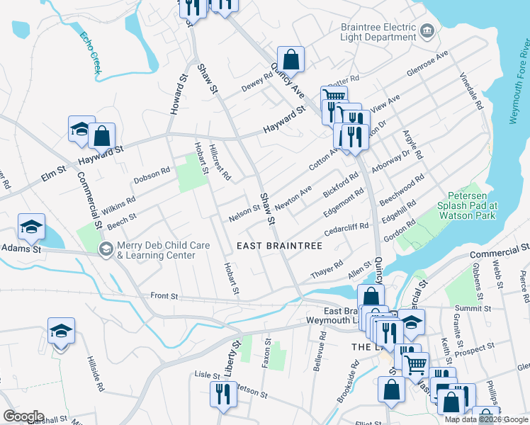 map of restaurants, bars, coffee shops, grocery stores, and more near 5 Cotton Avenue in Braintree