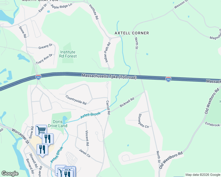 map of restaurants, bars, coffee shops, grocery stores, and more near 78 Carroll Road in Grafton