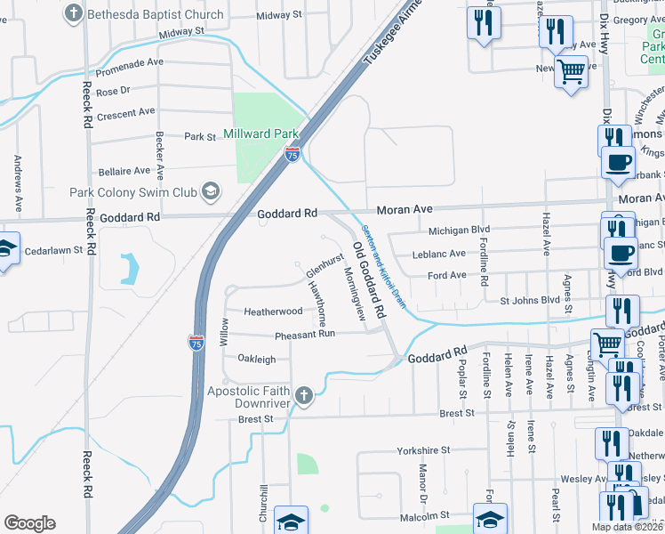 map of restaurants, bars, coffee shops, grocery stores, and more near 15090 Glenhurst in Southgate