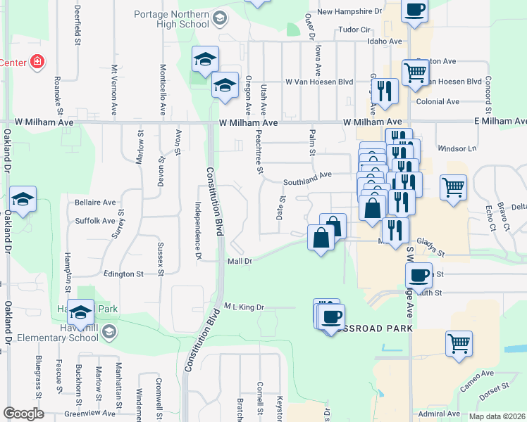 map of restaurants, bars, coffee shops, grocery stores, and more near 6230 Peachtree Street in Portage