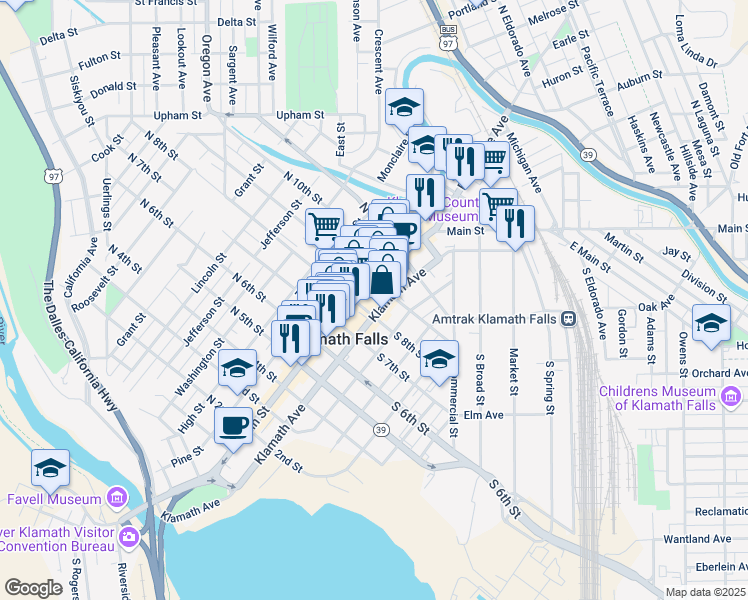 map of restaurants, bars, coffee shops, grocery stores, and more near 700 Klamath Avenue in Klamath Falls