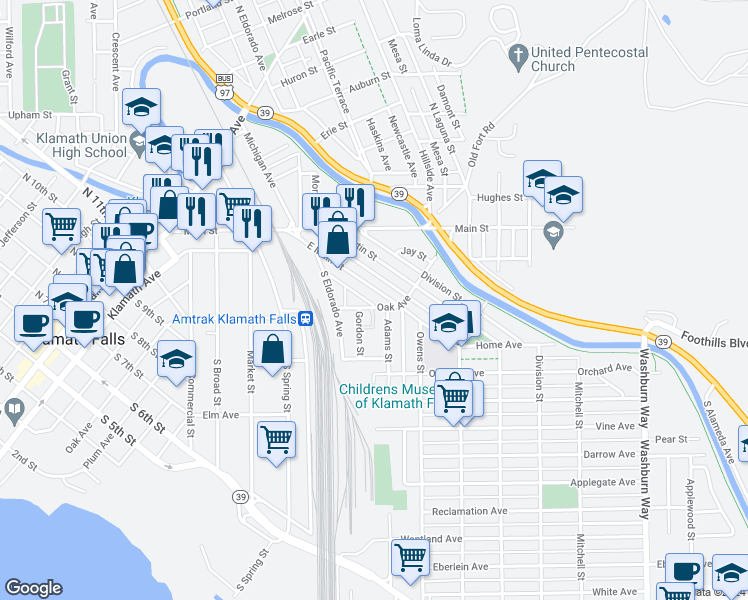 map of restaurants, bars, coffee shops, grocery stores, and more near 243 1/2 East Main Street in Klamath Falls