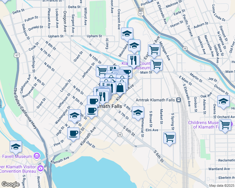 map of restaurants, bars, coffee shops, grocery stores, and more near 121 South 9th Street in Klamath Falls
