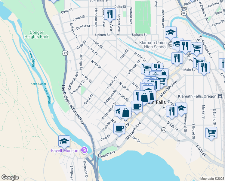 map of restaurants, bars, coffee shops, grocery stores, and more near 521 Jefferson Street in Klamath Falls