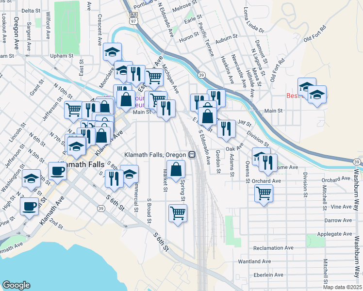 map of restaurants, bars, coffee shops, grocery stores, and more near 333 South Spring Street in Klamath Falls