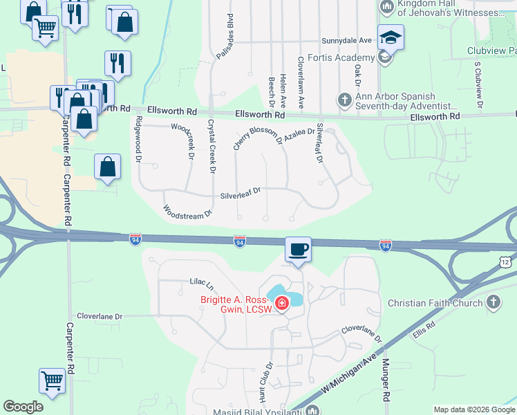 map of restaurants, bars, coffee shops, grocery stores, and more near 4333 Silverleaf Drive in Ypsilanti