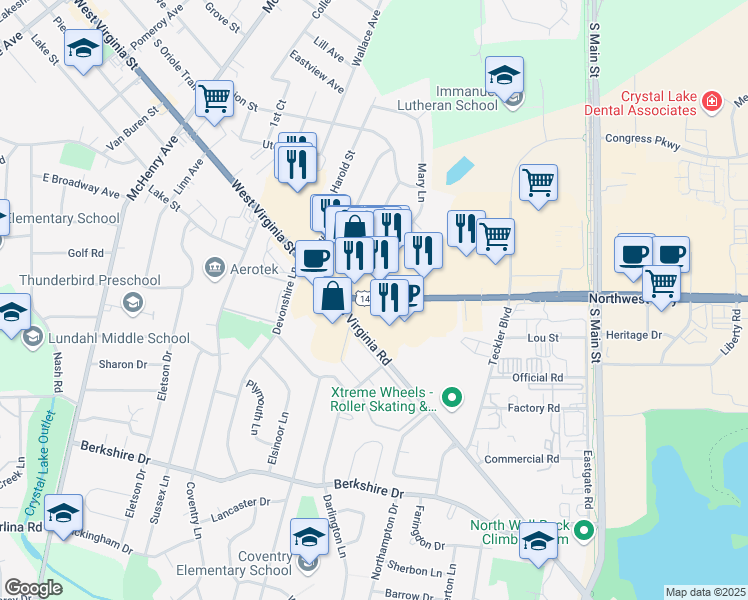 map of restaurants, bars, coffee shops, grocery stores, and more near in Crystal Lake
