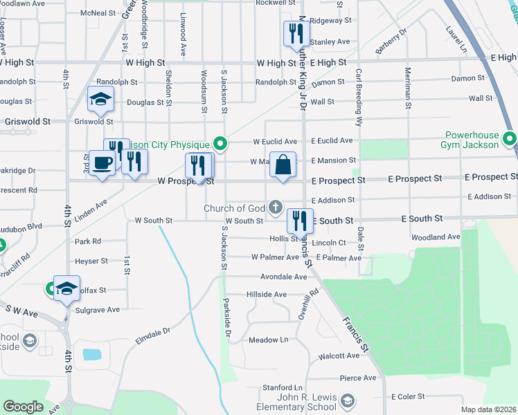 map of restaurants, bars, coffee shops, grocery stores, and more near 150 West Addison Street in Jackson