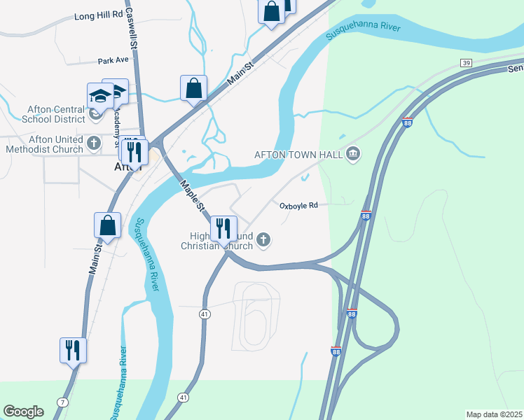 map of restaurants, bars, coffee shops, grocery stores, and more near 121 E Main St in Afton