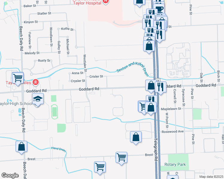 map of restaurants, bars, coffee shops, grocery stores, and more near 24730 Goddard Road in Taylor