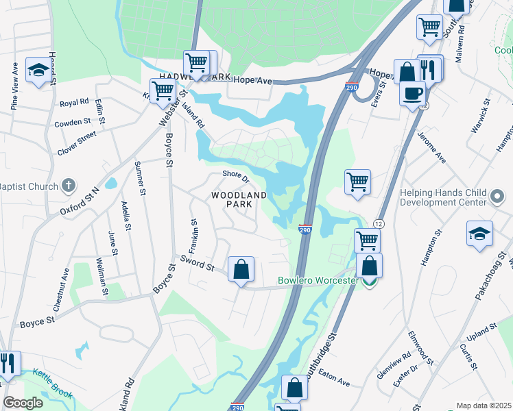 map of restaurants, bars, coffee shops, grocery stores, and more near 5 Bay Ridge Road in Auburn
