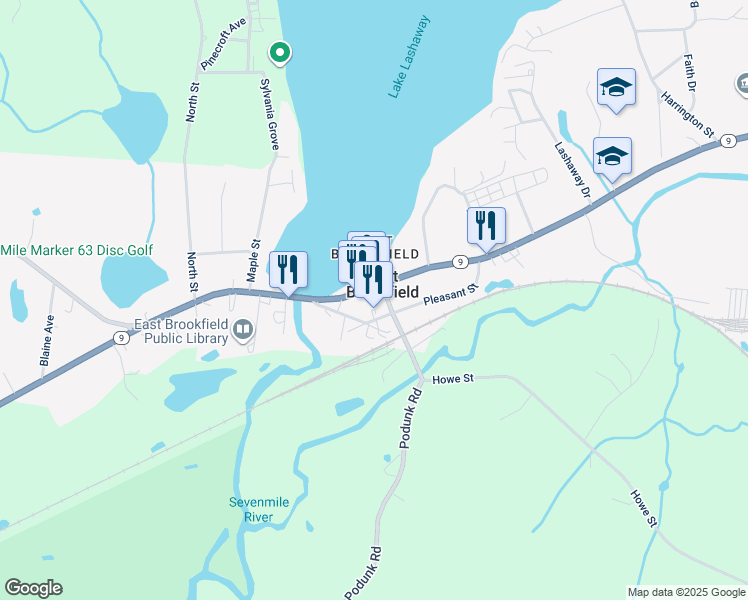 map of restaurants, bars, coffee shops, grocery stores, and more near in East Brookfield