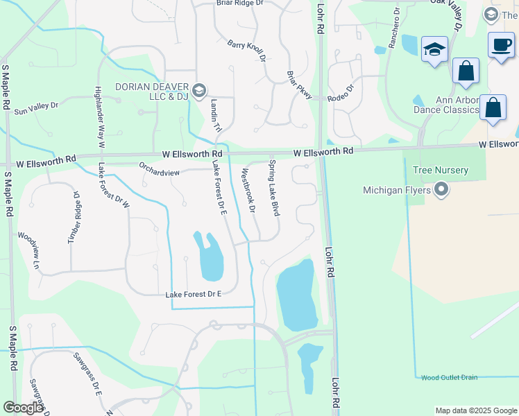 map of restaurants, bars, coffee shops, grocery stores, and more near 4148 Spring Lake Boulevard in Ann Arbor