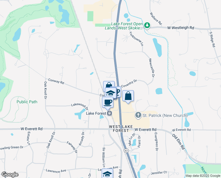 map of restaurants, bars, coffee shops, grocery stores, and more near 1111 Pine Oaks Circle in Lake Forest