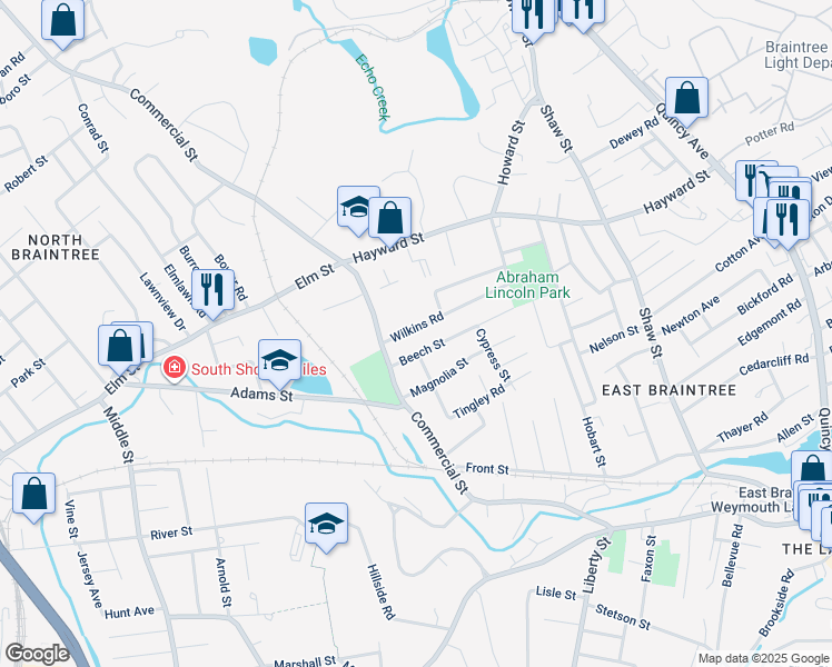 map of restaurants, bars, coffee shops, grocery stores, and more near 34 Wilkins Road in Braintree