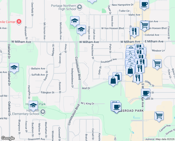 map of restaurants, bars, coffee shops, grocery stores, and more near 6230 Peachtree Street in Portage