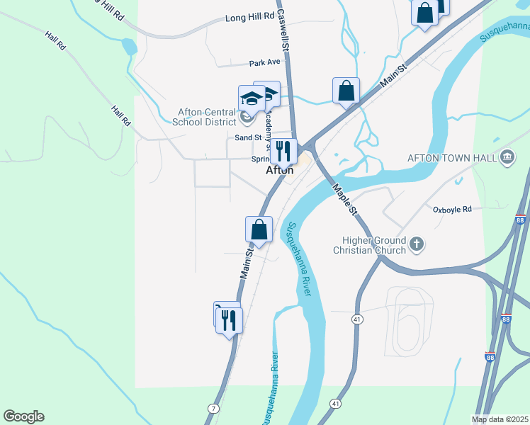 map of restaurants, bars, coffee shops, grocery stores, and more near 126 Main Street in Afton