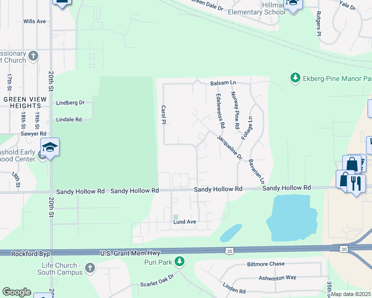 map of restaurants, bars, coffee shops, grocery stores, and more near 3205 Holiday Drive in Rockford
