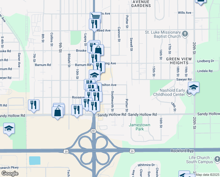 map of restaurants, bars, coffee shops, grocery stores, and more near 1645 Hamilton Avenue in Rockford
