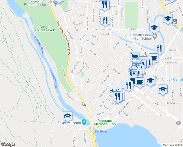 map of restaurants, bars, coffee shops, grocery stores, and more near 339 Grant Street in Klamath Falls