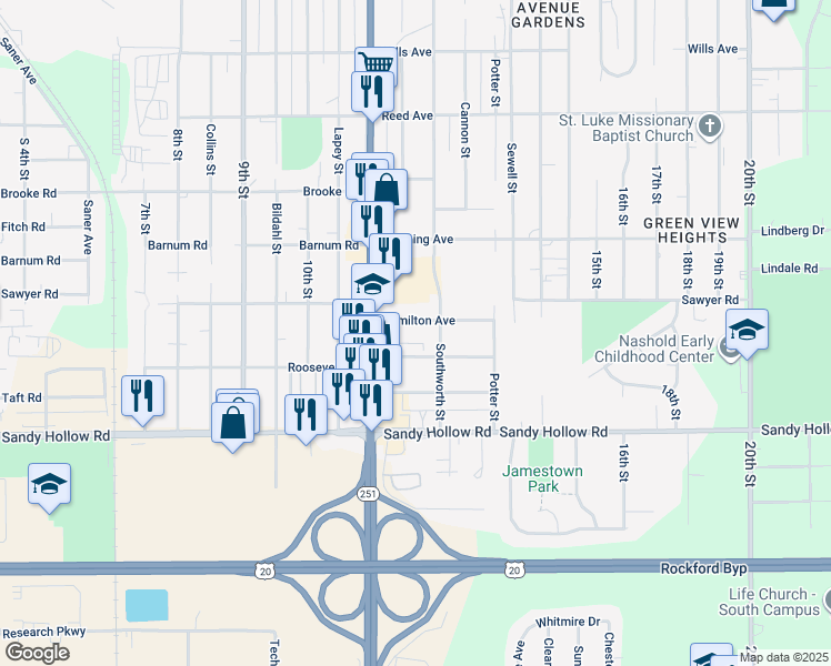map of restaurants, bars, coffee shops, grocery stores, and more near 1645 Hamilton Avenue in Rockford