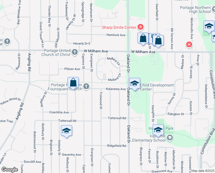 map of restaurants, bars, coffee shops, grocery stores, and more near 2318 Kalarama Avenue in Portage