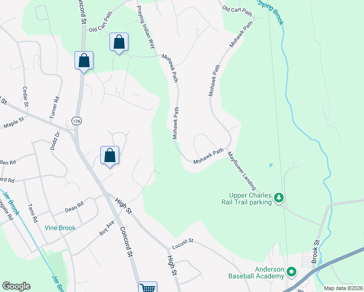 map of restaurants, bars, coffee shops, grocery stores, and more near 60 Mohawk Path in Holliston