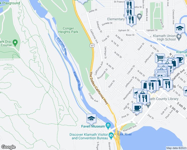 map of restaurants, bars, coffee shops, grocery stores, and more near 830 California Avenue in Klamath Falls