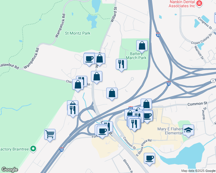 map of restaurants, bars, coffee shops, grocery stores, and more near 20 Rockdale Street in Braintree