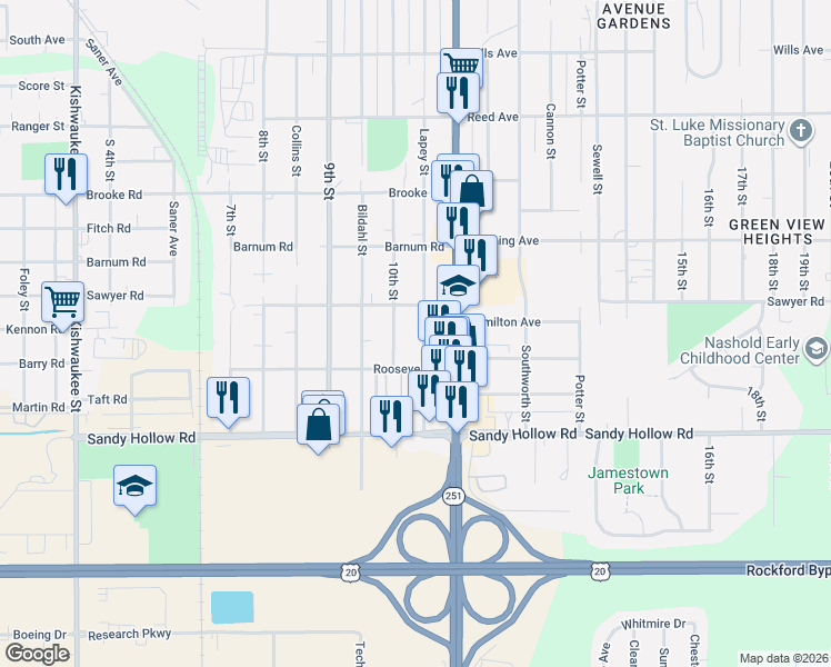 map of restaurants, bars, coffee shops, grocery stores, and more near 3214 10th Street in Rockford