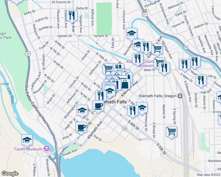 map of restaurants, bars, coffee shops, grocery stores, and more near 120 North 8th Street in Klamath Falls