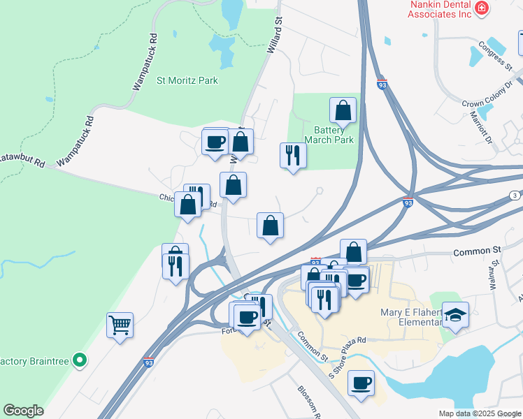 map of restaurants, bars, coffee shops, grocery stores, and more near 20 Rockdale Street in Braintree