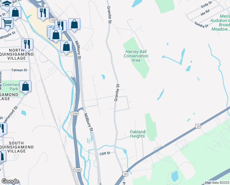 map of restaurants, bars, coffee shops, grocery stores, and more near 374 Granite Street in Worcester