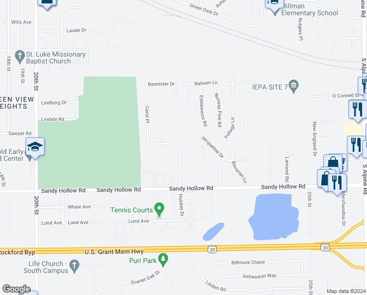 map of restaurants, bars, coffee shops, grocery stores, and more near 3110 Meriday Lane in Rockford