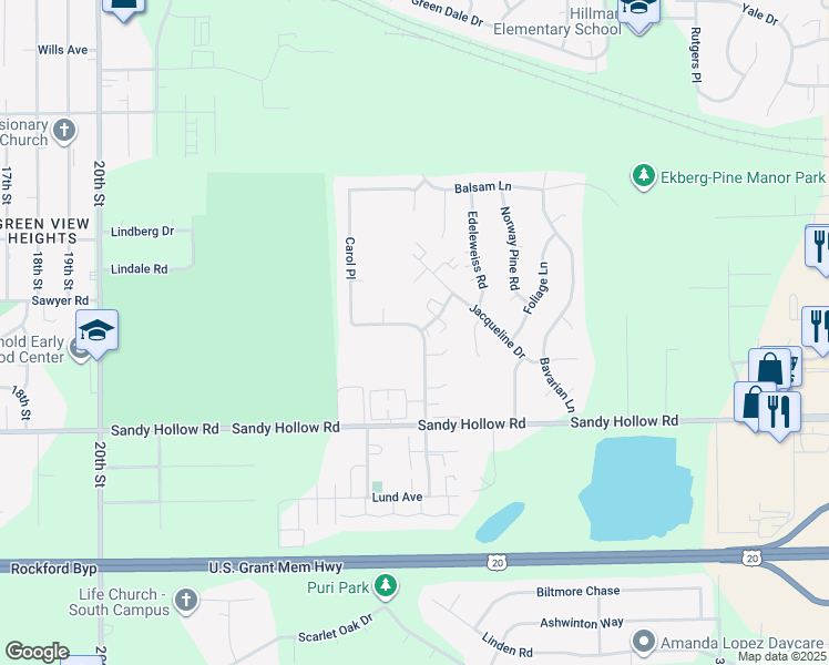 map of restaurants, bars, coffee shops, grocery stores, and more near 3205 Holiday Drive in Rockford