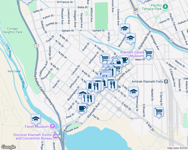 map of restaurants, bars, coffee shops, grocery stores, and more near 623 High Street in Klamath Falls