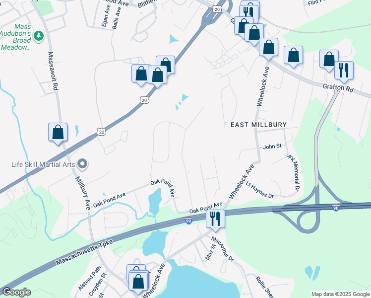 map of restaurants, bars, coffee shops, grocery stores, and more near 12 Westview Avenue in Millbury
