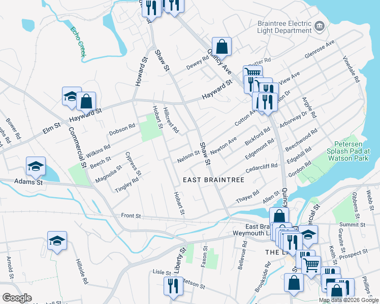 map of restaurants, bars, coffee shops, grocery stores, and more near 5 Nelson Street in Braintree