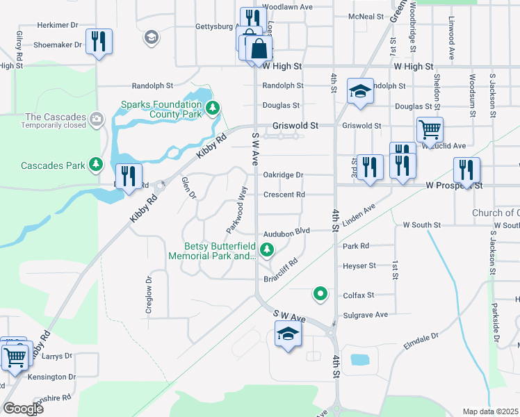 map of restaurants, bars, coffee shops, grocery stores, and more near 1915 South West Avenue in Jackson