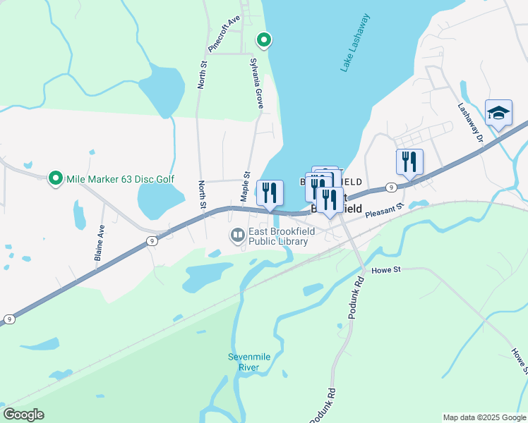 map of restaurants, bars, coffee shops, grocery stores, and more near 268 E Main St in East Brookfield