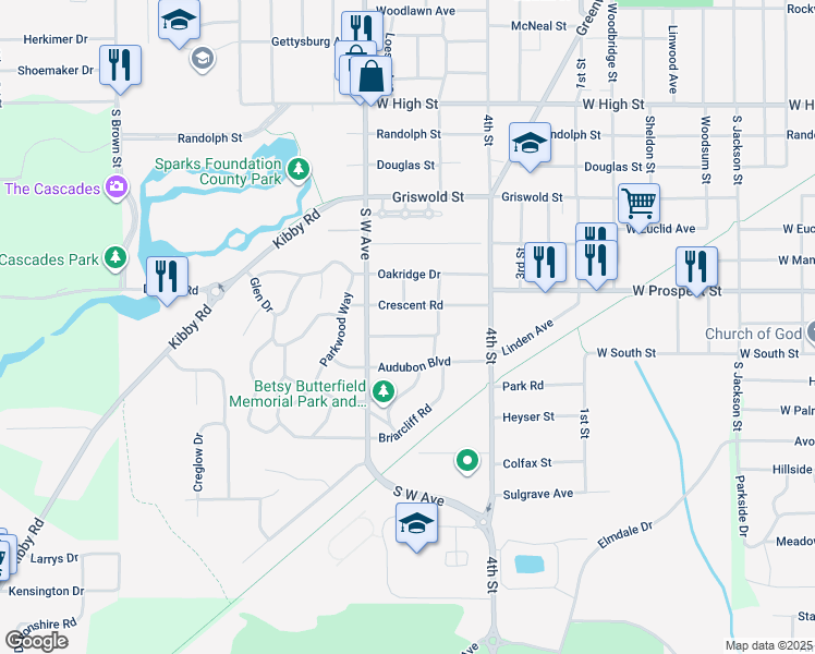 map of restaurants, bars, coffee shops, grocery stores, and more near 726 Woodfield Drive in Jackson