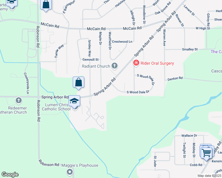 map of restaurants, bars, coffee shops, grocery stores, and more near 2929 Spring Arbor Road in Jackson
