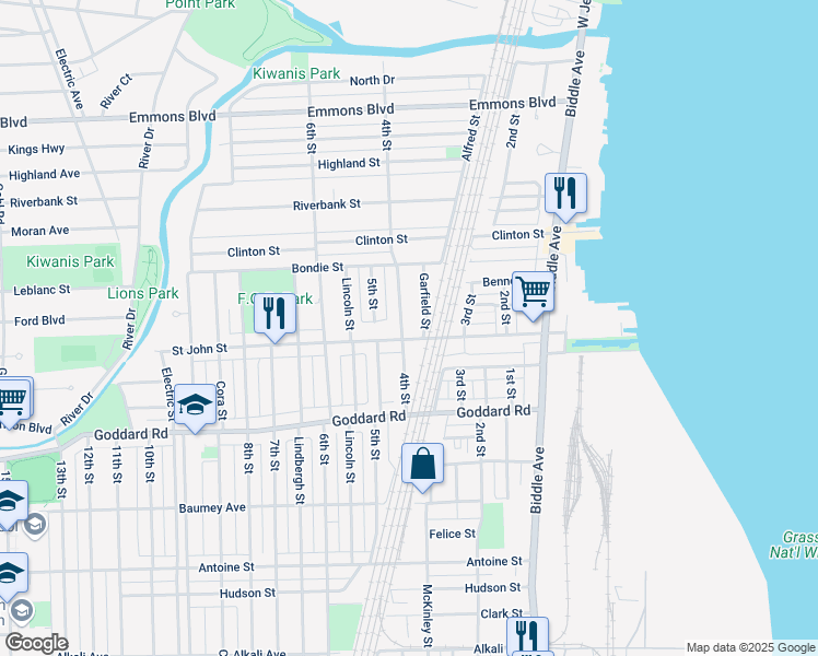 map of restaurants, bars, coffee shops, grocery stores, and more near 398 Saint John Street in Wyandotte