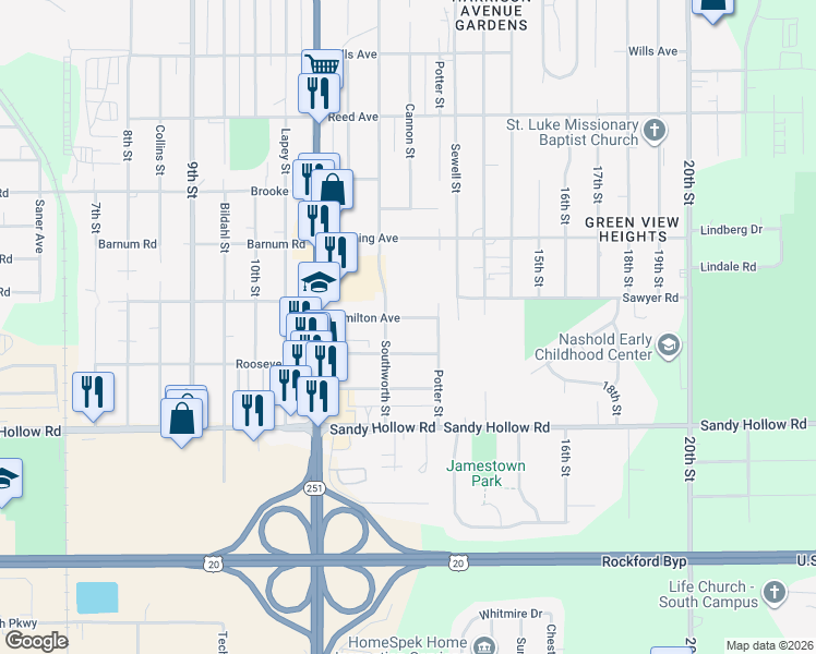 map of restaurants, bars, coffee shops, grocery stores, and more near 1717 Hamilton Avenue in Rockford