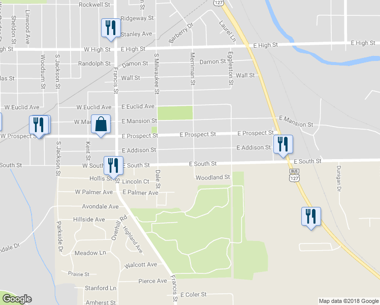 map of restaurants, bars, coffee shops, grocery stores, and more near 239 East Addison Street in Jackson
