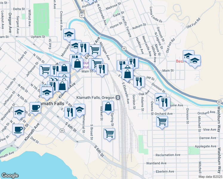 map of restaurants, bars, coffee shops, grocery stores, and more near 333 South Spring Street in Klamath Falls