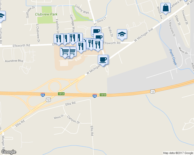 map of restaurants, bars, coffee shops, grocery stores, and more near 850 South Hewitt Road in Ypsilanti